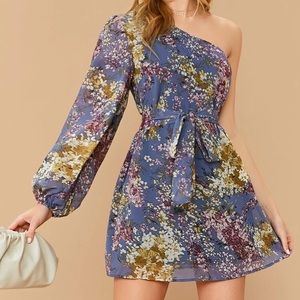 One Shoulder Floral Print Belted Dress